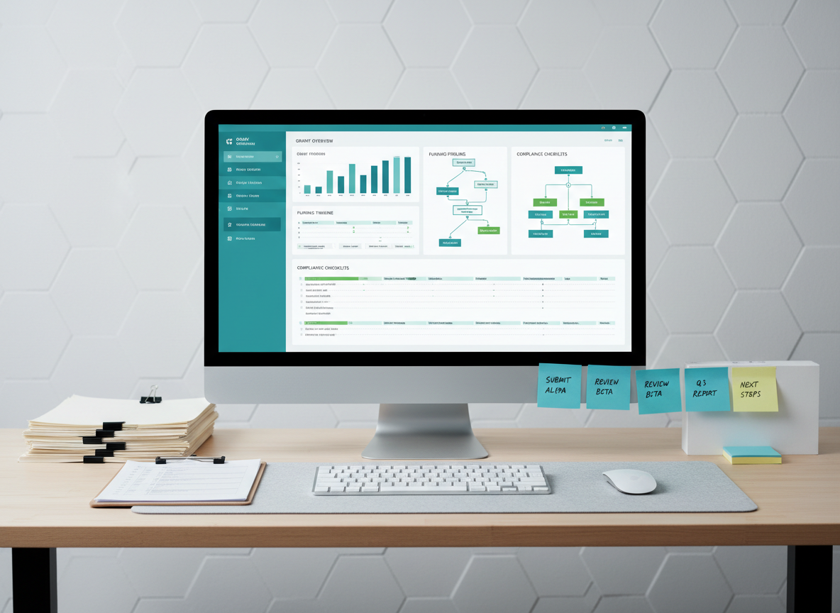 An ultra-organized desktop showing a large, high-resolution monitor with a clean, visually engaging grant management dashboard featuring charts, timelines, and funding pipelines in cool blues and teals. Around the monitor, there are neatly stacked proposal drafts, a slim metal clipboard with compliance checklists, and color-coded sticky notes aligned with precision. The workspace is set against a matte white wall with a subtle geometric pattern. Cool, diffused studio lighting illuminates the scene evenly, reducing shadows and emphasizing clarity. Shot straight-on at eye level with sharp focus throughout, the composition feels structured and methodical, reinforcing a professional, analytical, and modern approach to grant writing and funding strategy.