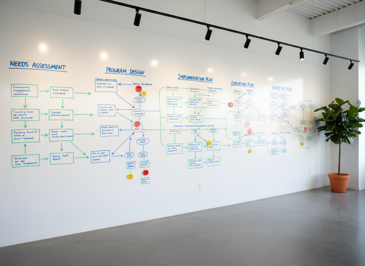 A cinematic, wide-angle shot of a large whiteboard wall filled with neatly drawn logic models, outcome pathways, and funding timelines in coordinated blue, green, and gray markers. Sections are clearly labeled with headings like “Needs Assessment,” “Program Design,” and “Evaluation Plan.” Magnetic icons represent key milestones and deliverables. The whiteboard stands in a minimal, modern workspace with a matte concrete floor and a single potted plant in the corner, softly blurred. Overhead track lighting creates even illumination, with subtle reflections along the glossy whiteboard surface. The mood is strategic and visionary, conveying the structured planning behind effective grant proposals in a clean, photographic realism style.