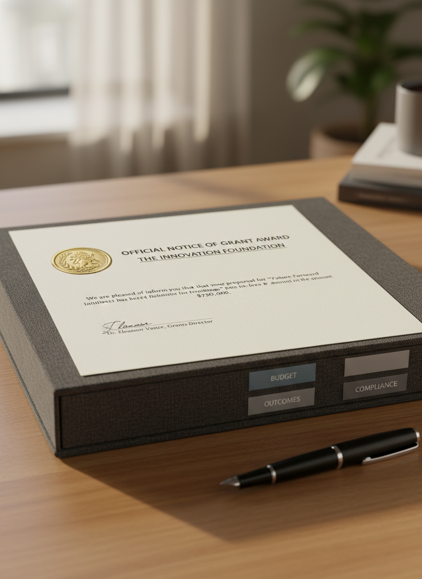 A close-up of a crisp, freshly printed grant award letter on premium white paper, embossed with a subtle seal and resting atop a neatly stacked grant proposal binder. The binder has labeled tabs in muted blues and grays, hinting at sections like budget, outcomes, and compliance. They sit on a smooth, warm wood desk beside a minimalistic black fountain pen. Soft afternoon light from an unseen window creates delicate highlights on the embossed seal and gentle shadows along the paper’s edge. Photographed from a slightly elevated angle with shallow depth of field, the background is softly blurred, giving a calm, validating, and professional atmosphere that signifies funding success and well-crafted documentation.